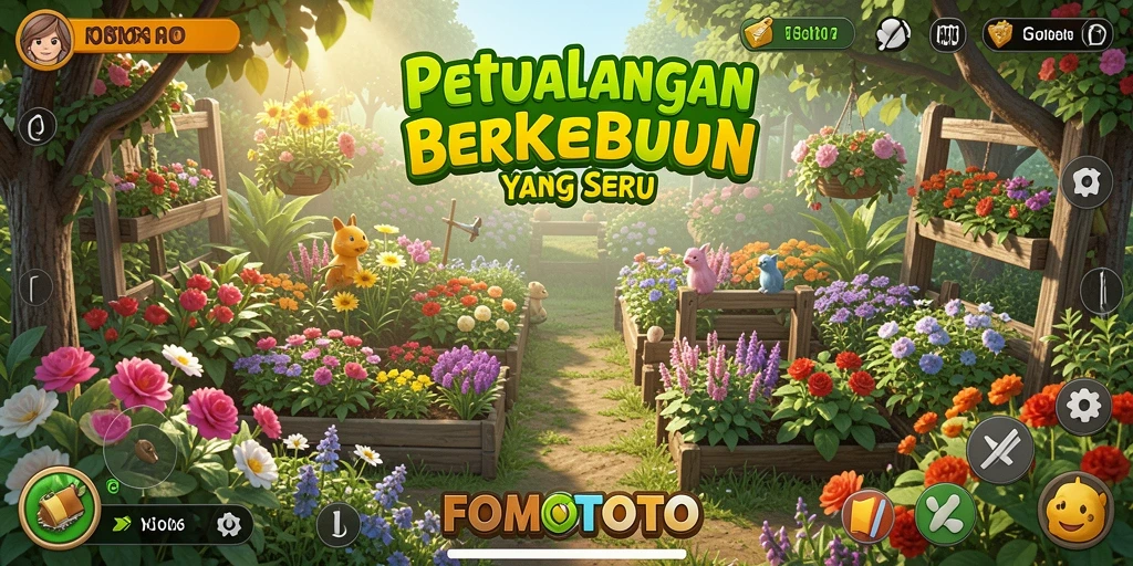 Screenshot gameplay FOMOTOTO dengan suasana kebun yang indah.