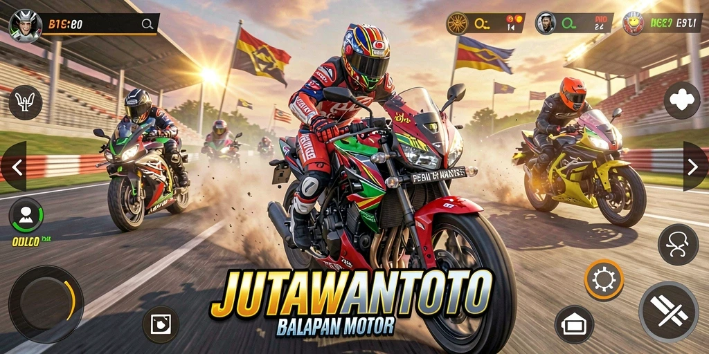 Tangkapan layar dari gameplay JUTAWANTOTO dengan balapan motor yang seru.