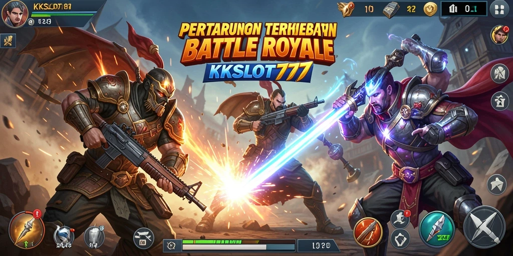 Tangkapan layar utama KKSLOT777 menampilkan aksi seru dalam permainan Battle Royale.