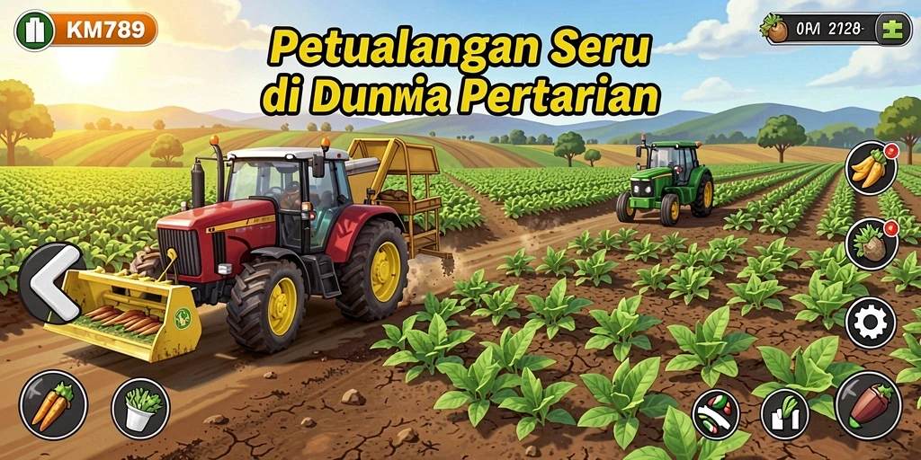 Tangkapan layar utama KM789 menampilkan aksi bertani yang menyenangkan.