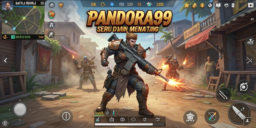 Screenshot gameplay PANDORA99 menampilkan pertarungan Battle Royale yang seru.