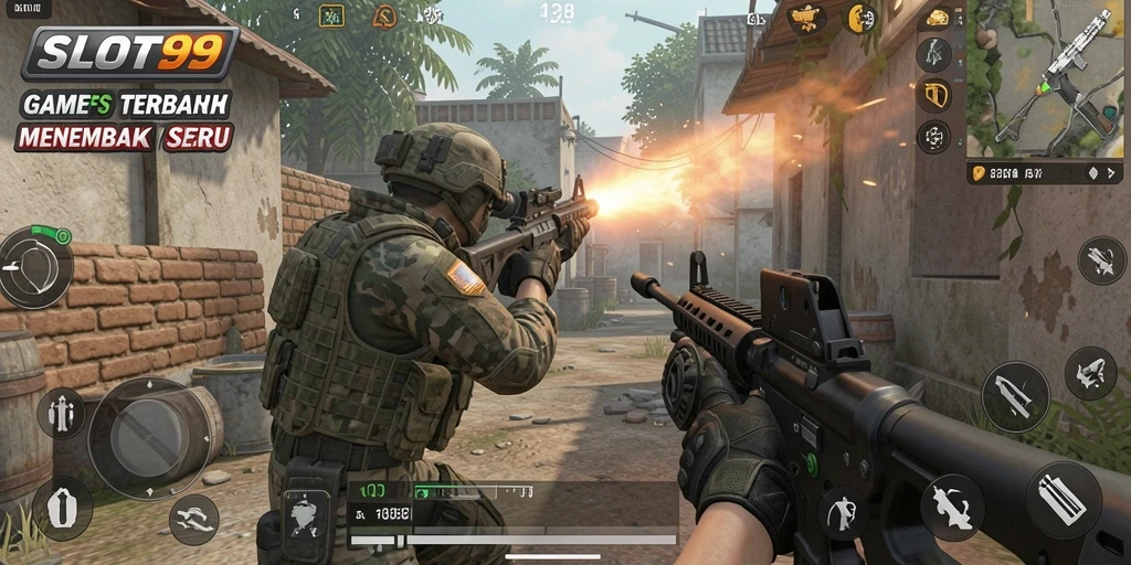 Tangkapan layar <strong>SLOT99</strong> menunjukkan aksi seru dalam pertempuran FPS.
